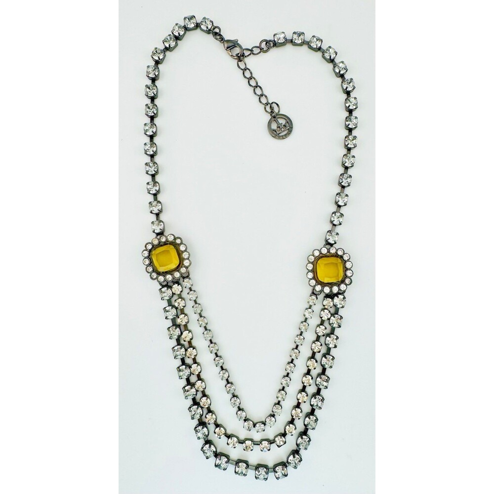 Vintage Crown Trifari Rhinestone Statement Necklace 3 Strand Drape Yellow Stones